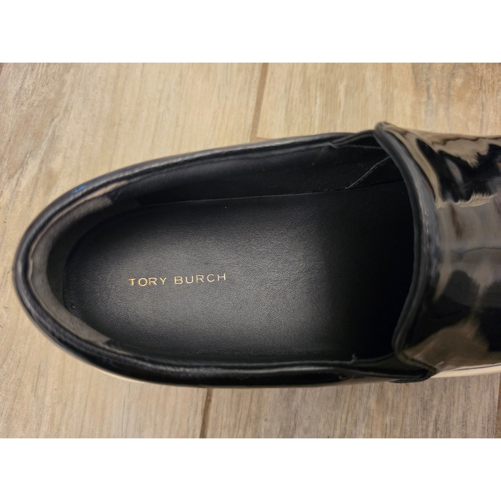 Tory Burch Black Patent Leather Slip On Platform Sneakers Logo Midsole - Picture 3 of 11